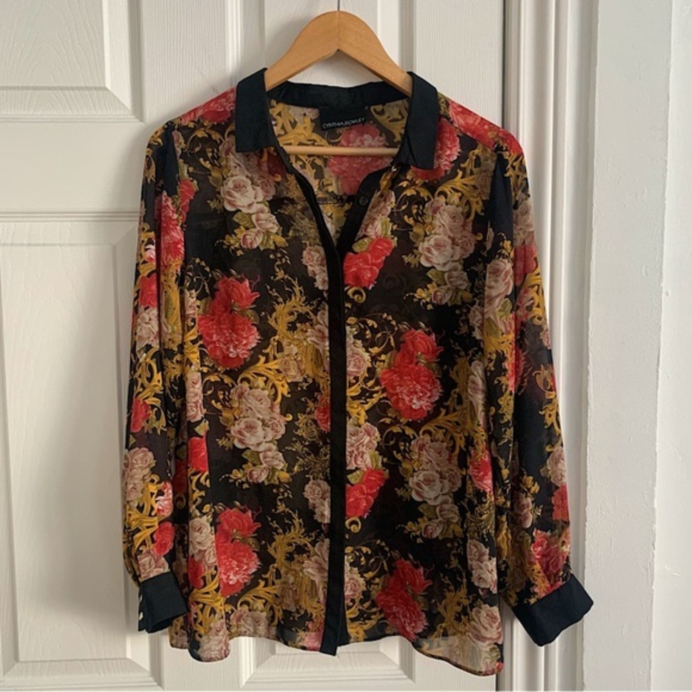 Cynthia Rowley Sheer Rose Floral & Black Blouse